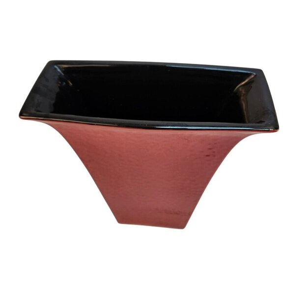 Red Textured Ceramic Vase With Glossy Black Interior Rectangular Flared Design 1 - Picture 5 of 16